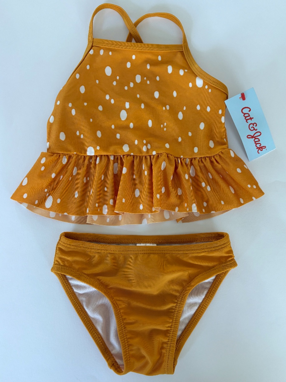 Cat & Jack Mustard Yellow Polka Dot Two-Piece Ruffle Tankini. Size 18 Months